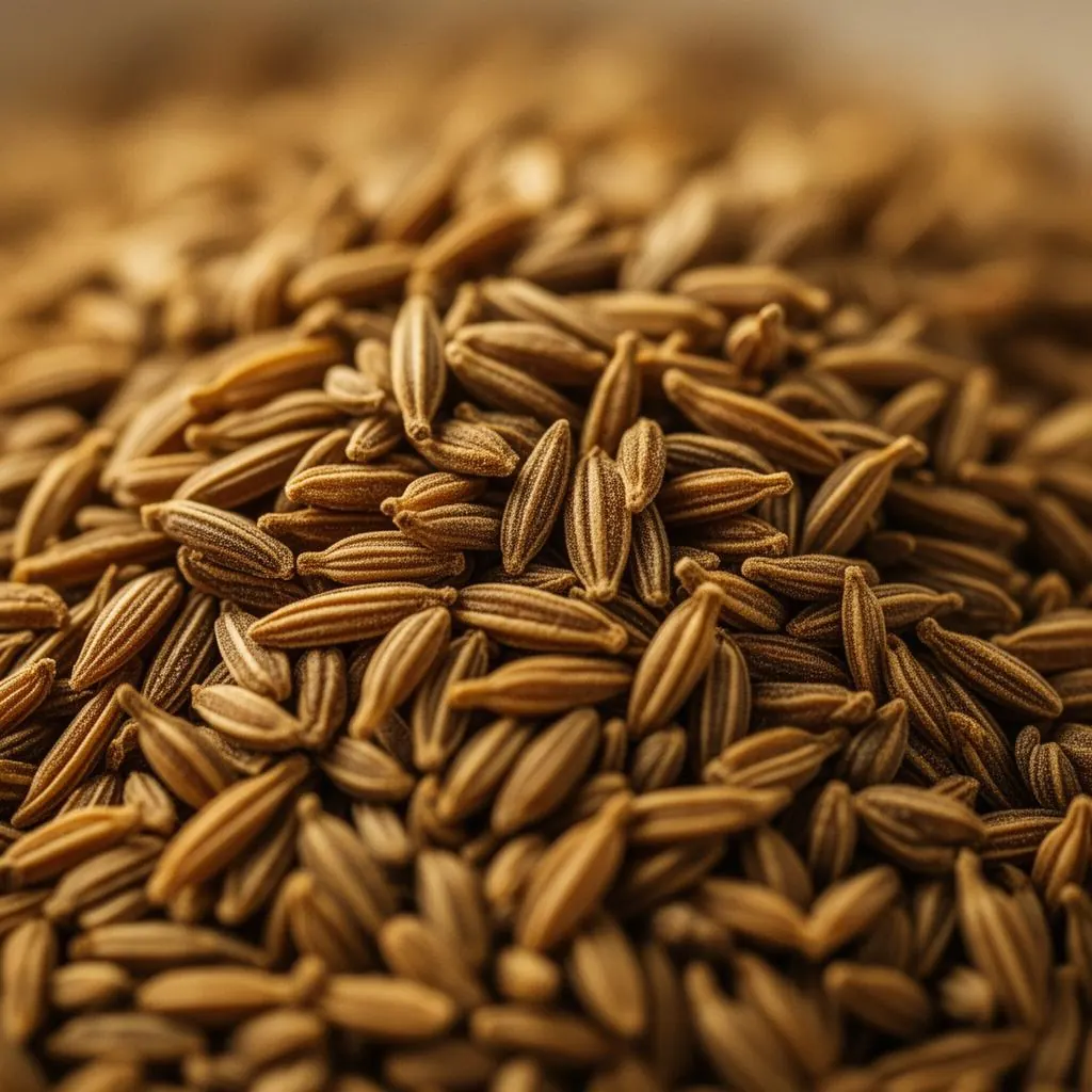 Macro close-up of premium golden cumin seeds
